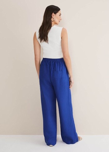 Phase Eight Lolita Blue Linen Wide Legs Trousers Deep Blue USA | 9728354-BK